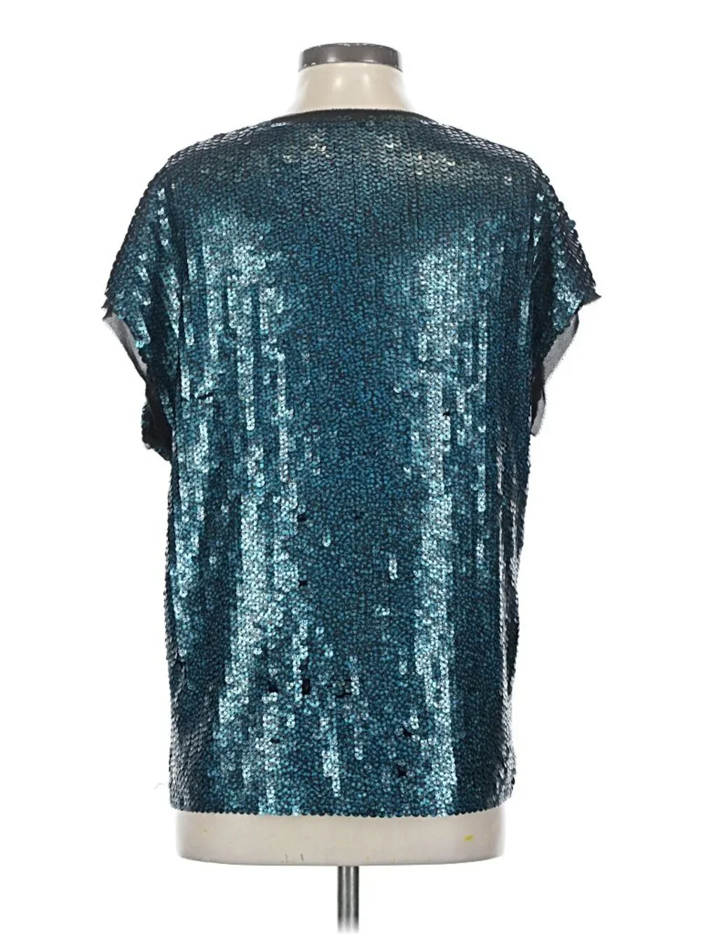 Tory Burch Teal Black Allover Sequin Top Relaxed Fit Silk Trim Size XS